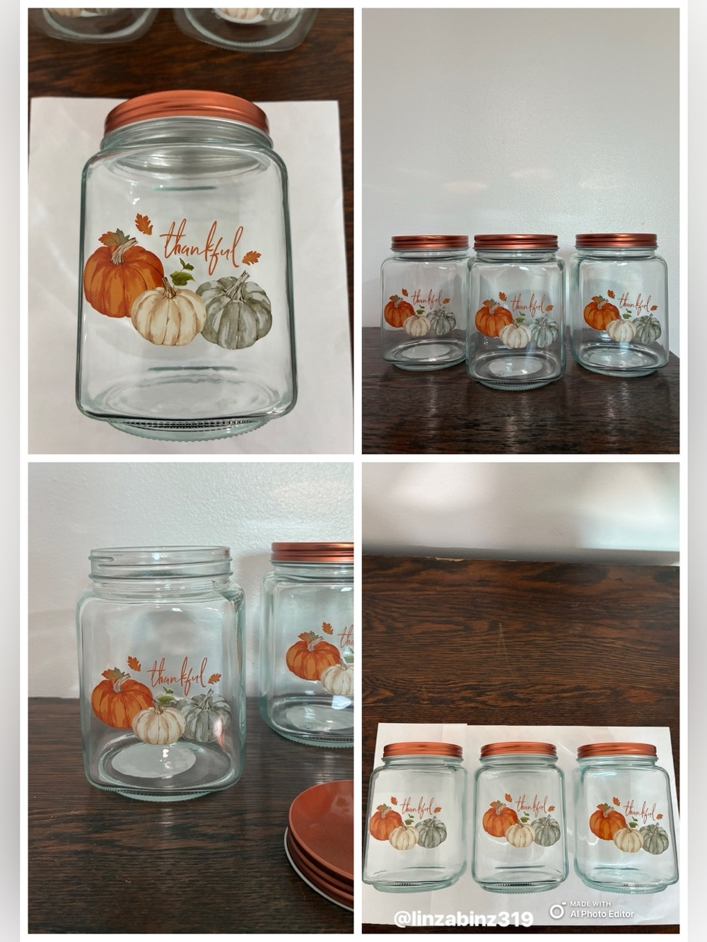 NWT- Set of 3- THANKFUL- Pumpkin Trio Harvest Glass Jars w/ Screw On Copper Lid